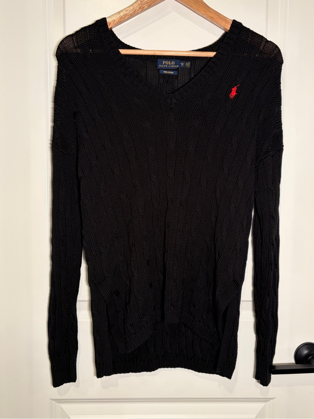Polo Ralph Lauren Black Pima Cotton Cable Knit V-Neck Sweater Red Pony Women XS